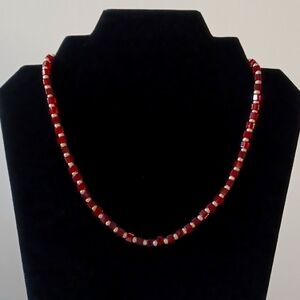 Garnet Czech Glass Beaded Necklace Silver Seed Bead Accents
